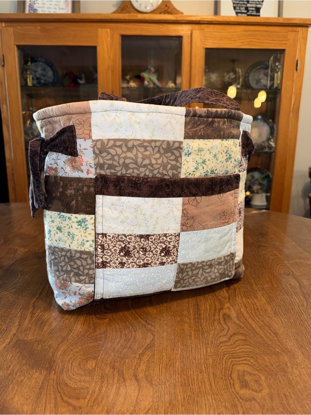 Handmade Patchwork Quilted Tote Bag/Bible Bag in Brown and Cream